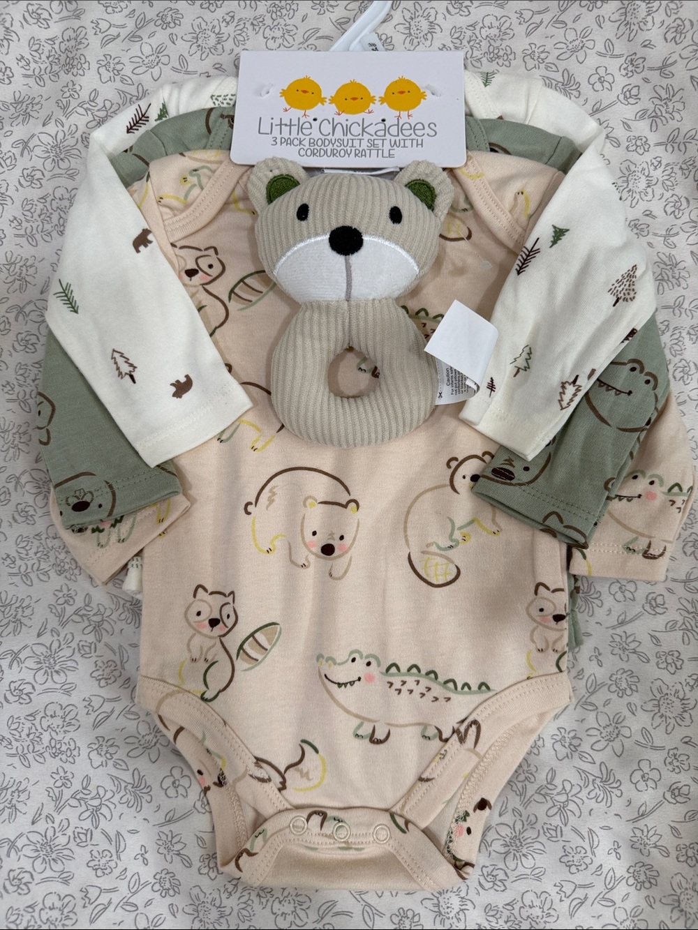 Pink and Green Animal Print 3-Pack Bodysuit Set